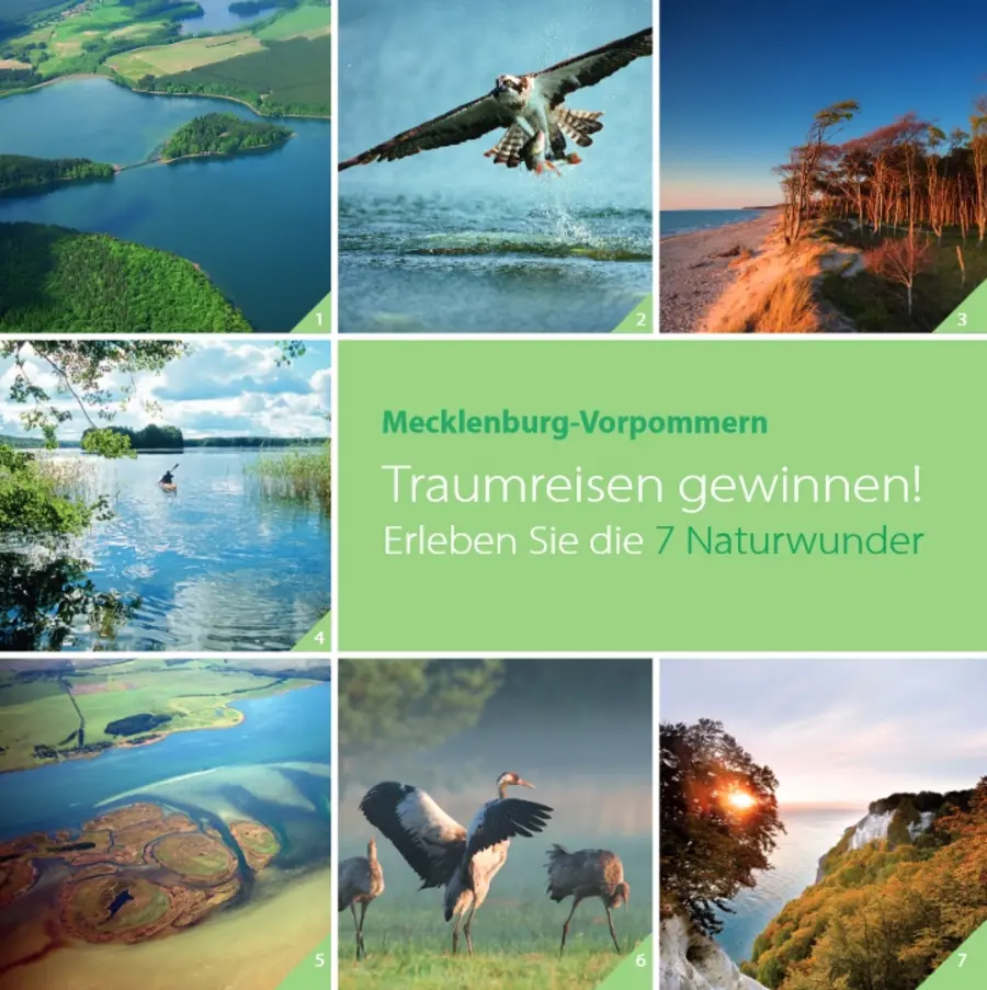 Auf dieser Postkarte mit Gewinnspielen sind die 7 Naturwunder auf einem Blick dargestellt