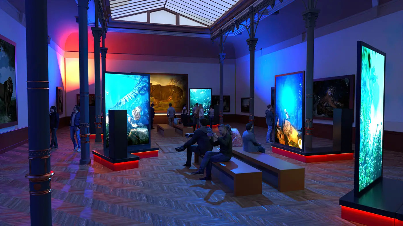 Unter dem Titel „Tierische Nächte“ haben Familien die Gelegenheit, ein audiovisuelles Erlebnis im wiedereröffneten Staatlichen Museum Schwerin zu besuchen (Visualisierung).