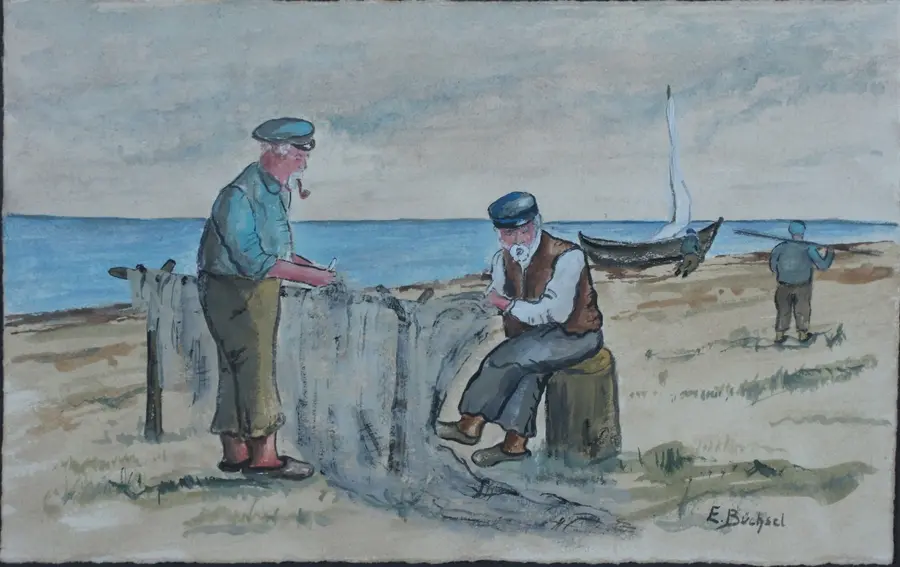 Elisabeth Büchsel, Aquarell „Beim Netzflicken“ Elisabeth Büchsel, Aquarell „Beim Netzflicken“