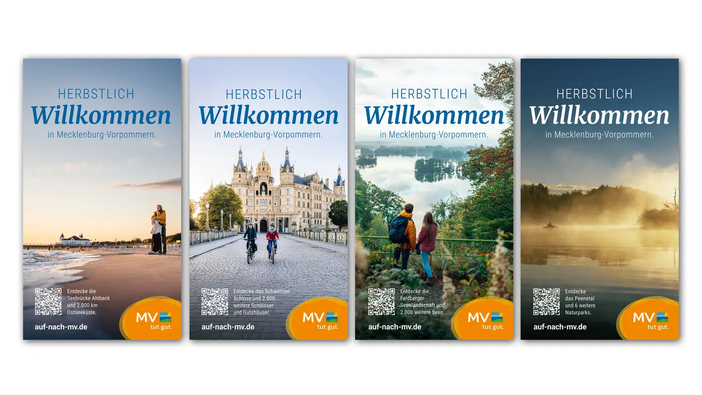 Unter dem Slogan „Herbstlich Willkommen“ wird parallel zur digitalen Kampagne in sieben Städten mittels City-Light-Postern im öffentlichen Raum für einen Herbsturlaub in Mecklenburg-Vorpommern geworben. Unter dem Slogan „Herbstlich Willkommen“ wird parallel zur digitalen Kampagne in sieben Städten mittels City-Light-Postern im öffentlichen Raum für einen Herbsturlaub in Mecklenburg-Vorpommern geworben.