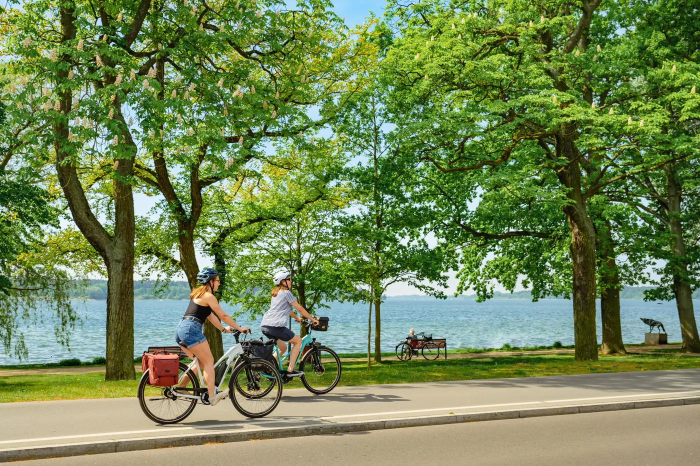Im Fokus der Kampagne steht unter anderem der Radfernweg Berlin-Kopenhagen, der auf rund 260 Kilometern durch das Urlaubsland verläuft. Mutter und Tochter fahren auf Rädern an einem See entlang.