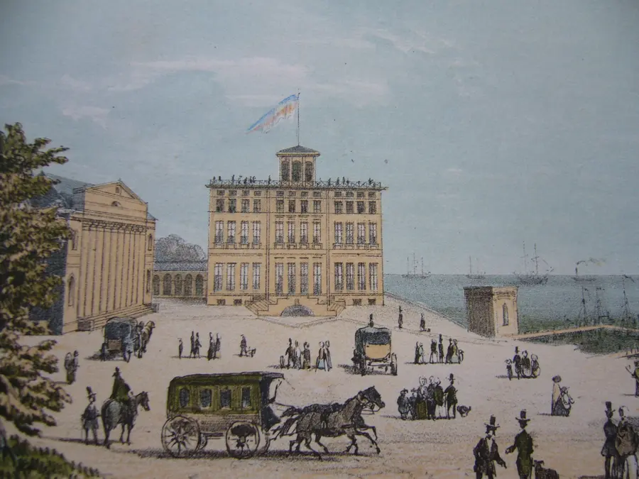 Kurhaus und Haus Mecklenburg mit Kutschen um 1855